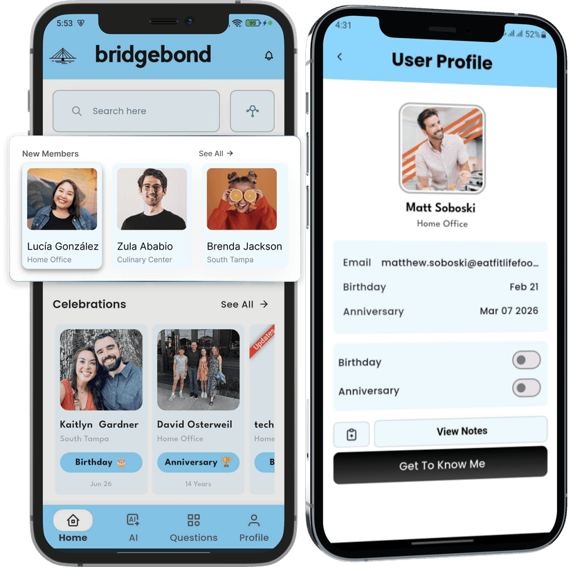 Bridgebond.ai app mockup showing culture connectivity features